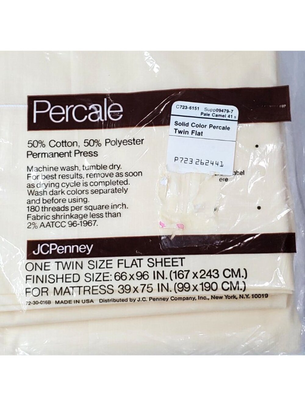 VTG JCPenney Percale Twin Flat Sheet Pale Camel Permanent Press USA Made - Picture 5 of 6
